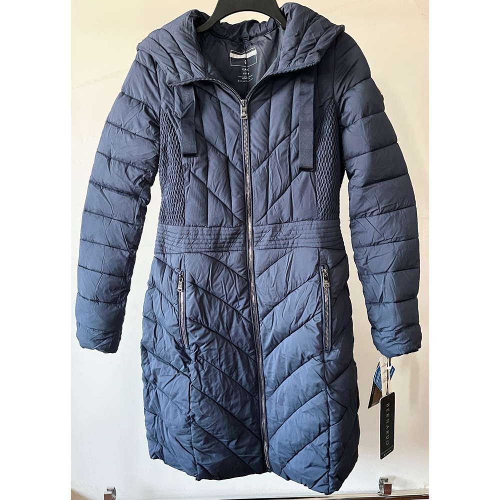Bernardo Navy Blue EcoPlume Long Puffer Jacket Small NWT